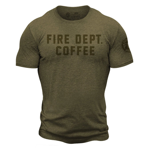Military green short sleeve t shirt with ”Fire Dept. Coffee” in large letters across the chest and the FDC maltese cross logo on the sleeve 
