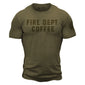 Military green short sleeve t shirt with ”Fire Dept. Coffee” in large letters across the chest and the FDC maltese cross logo on the sleeve 