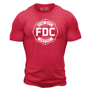 A red Fire Department Coffee T Shirt, featuring FDC's maltese cross logo in white.