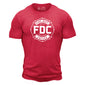 A red Fire Department Coffee T Shirt, featuring FDC’s maltese cross logo in white.