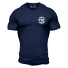 Front side of navy blue t shirt with white FDC maltese cross logo on the chest.