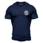 Front side of navy blue t shirt with white FDC maltese cross logo on the chest.