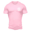 Front side of light pink t shirt with white FDC maltese cross logo on the chest.