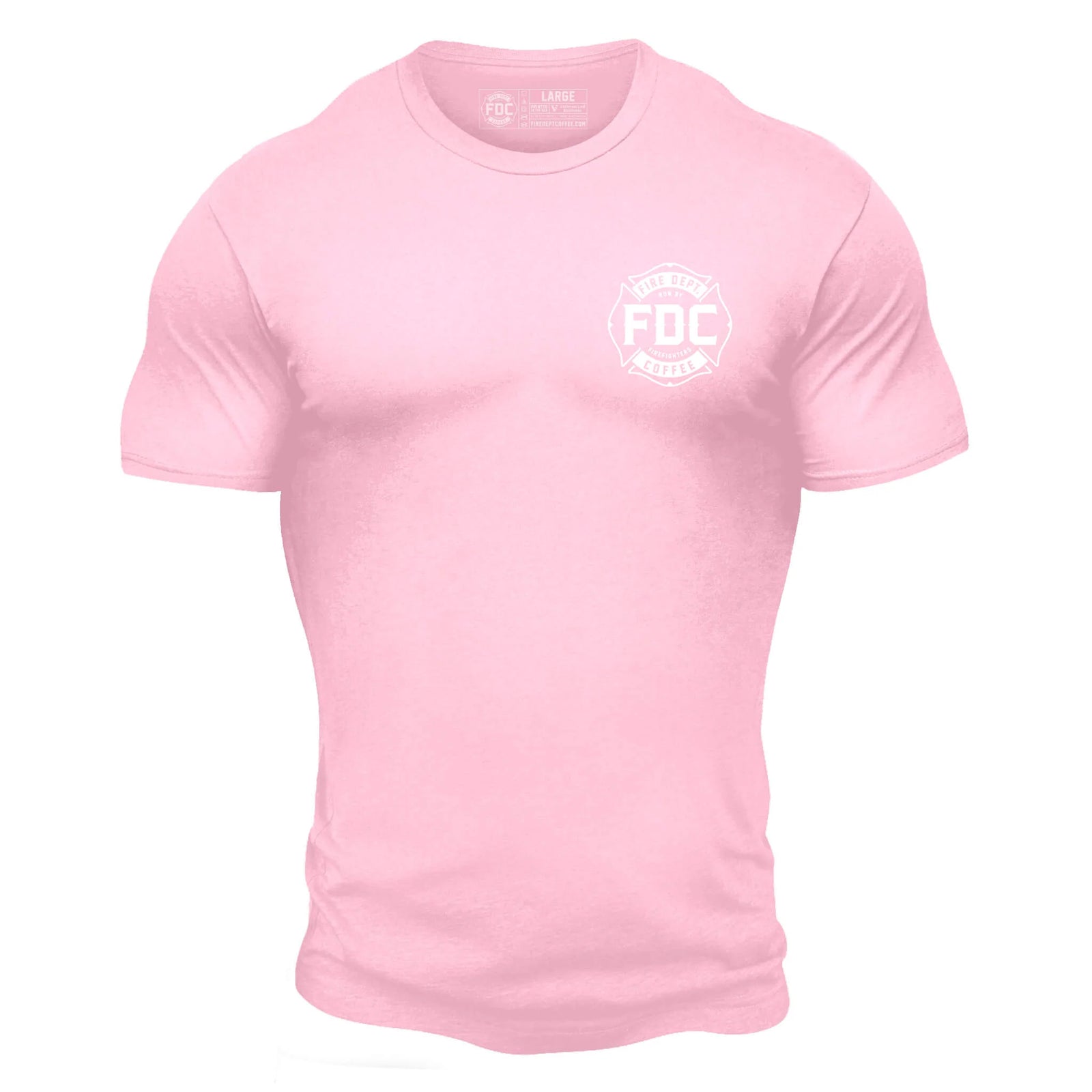 Back side of light pink t shirt with large white lettering that reads "Stay back 500 feet until I've had my coffee" across the top