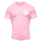 Front side of light pink t shirt with white FDC maltese cross logo on the chest.