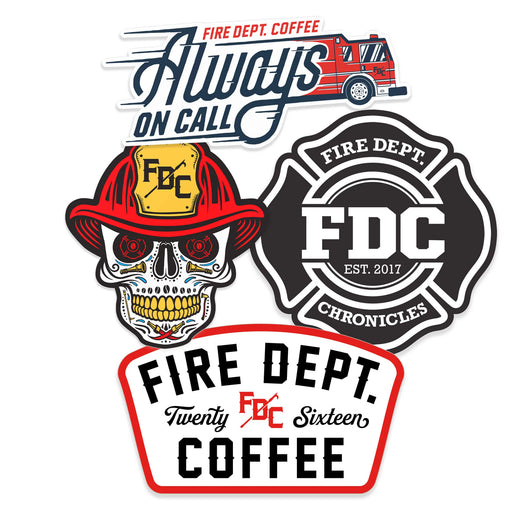 A collection of the stickers Fire Department Coffee sells.