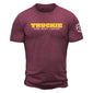 Maroon shirt with ”truckie” in bold yellow lettering and ”Fire Dept. Coffee” below. FDC maltese cross logo is on the sleeve.