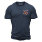 The front of a blue t shirt with vintage FDC logo on the chest