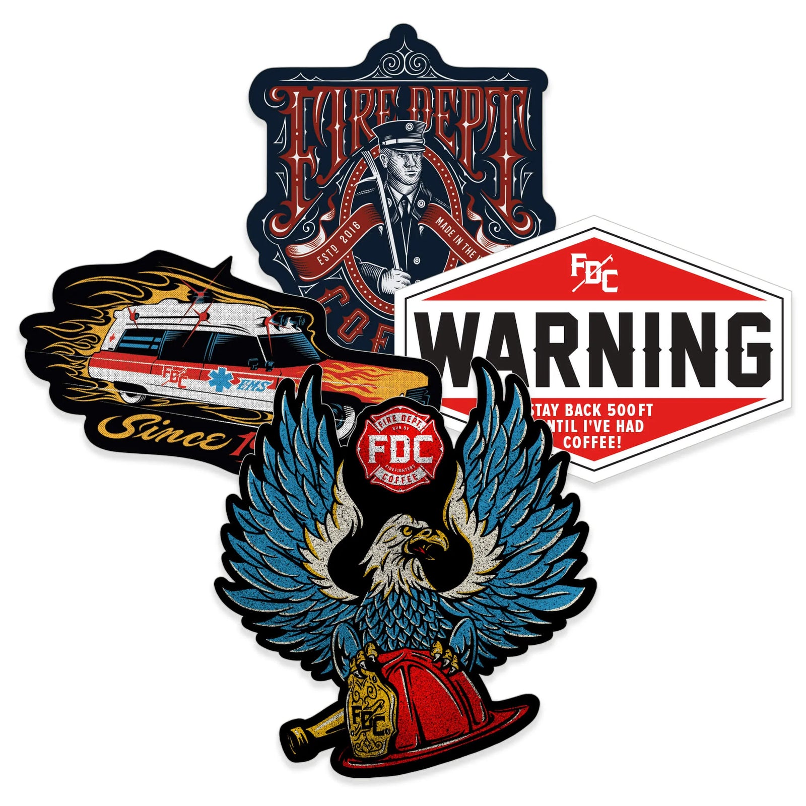 A collection of vintage Fire Department Coffee stickers.