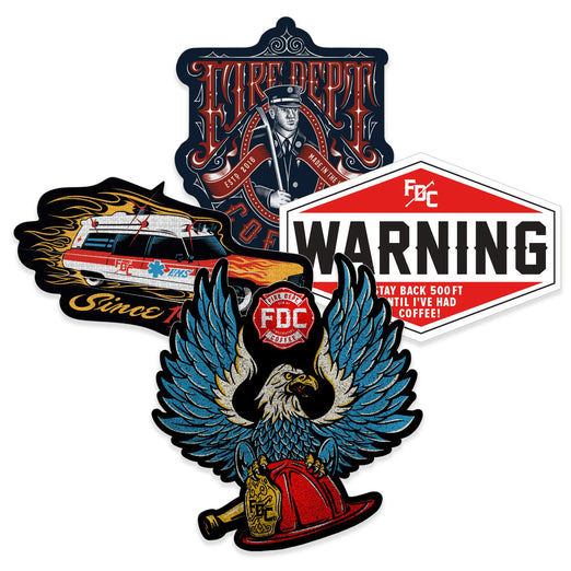 A collection of vintage Fire Department Coffee stickers.