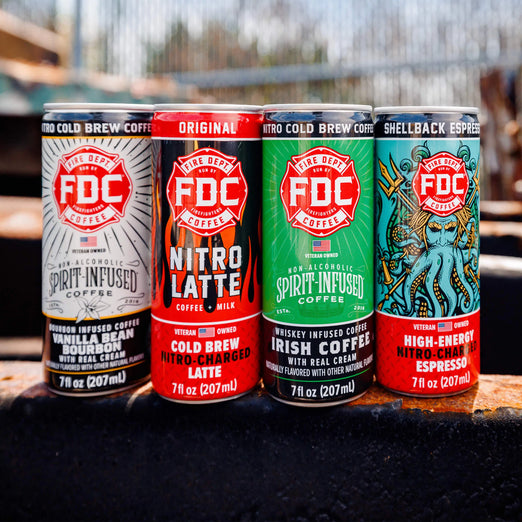 Nitro Vanilla Bean Bourbon Coffee, Nitro Charged Latte, Nitro Irish Coffee, and Nitro Shellback Espresso