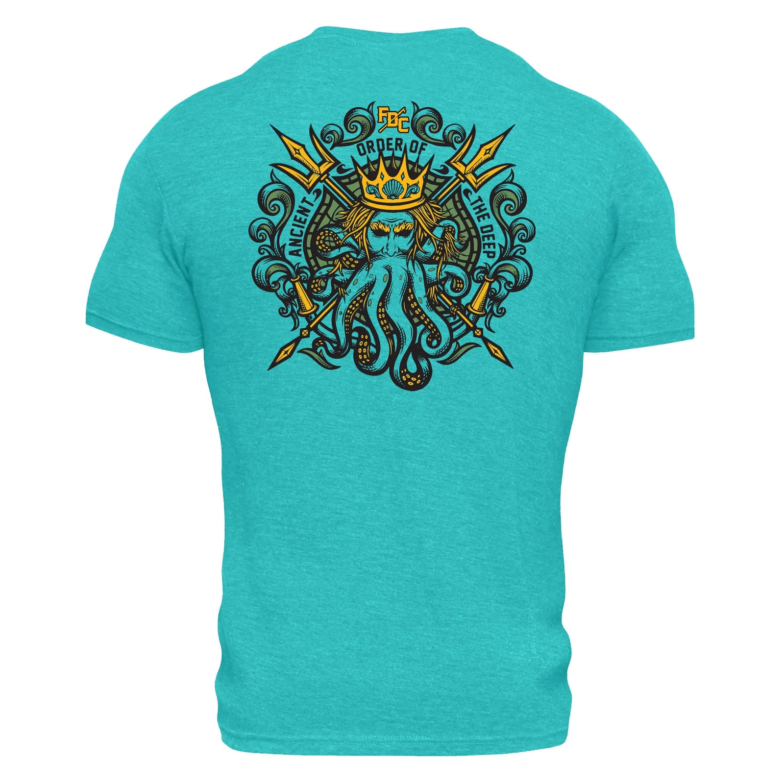 The back of teal Fire Department Coffee Shellback t shirt featuring a blue octopus with a humanoid face wearing a crown and holding two tridents.