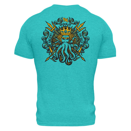 The back of teal Fire Department Coffee Shellback t shirt featuring a blue octopus with a humanoid face wearing a crown and holding two tridents.