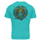 The back of teal Fire Department Coffee Shellback t shirt featuring a blue octopus with a humanoid face wearing a crown and holding two tridents.