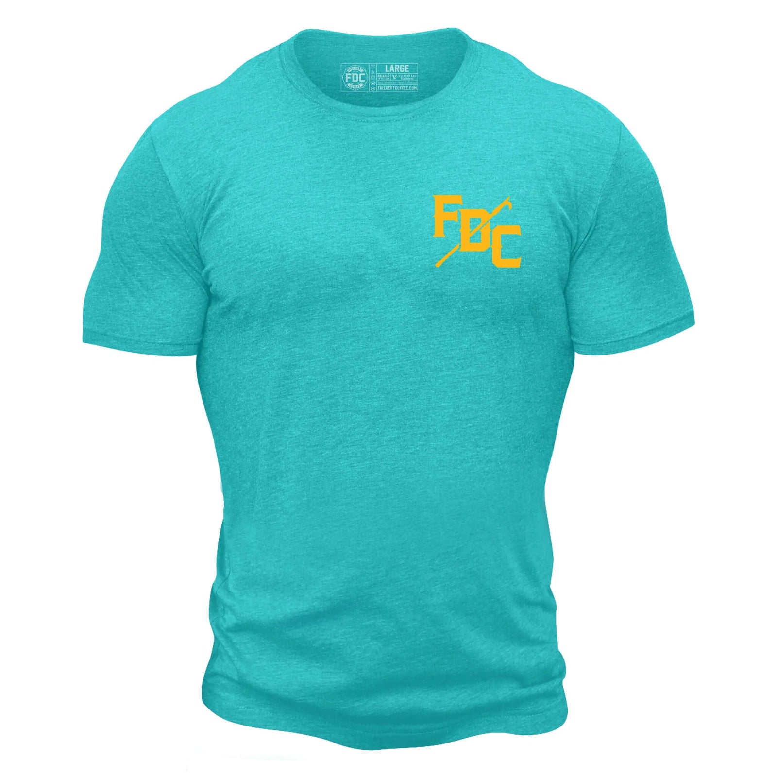 The back of teal Fire Department Coffee Shellback t shirt featuring a blue octopus with a humanoid face wearing a crown and holding two tridents.