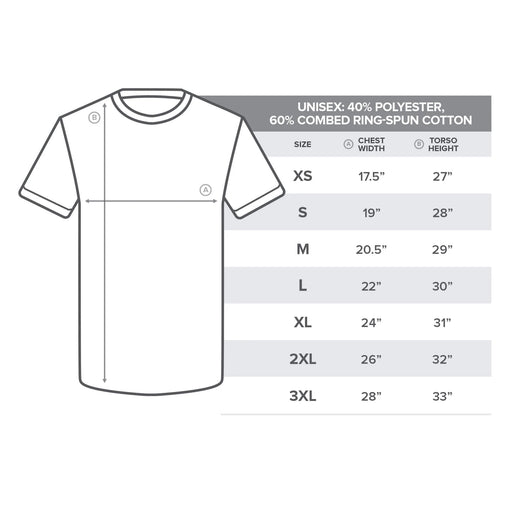 Size chart for shirt from XS to 3XL