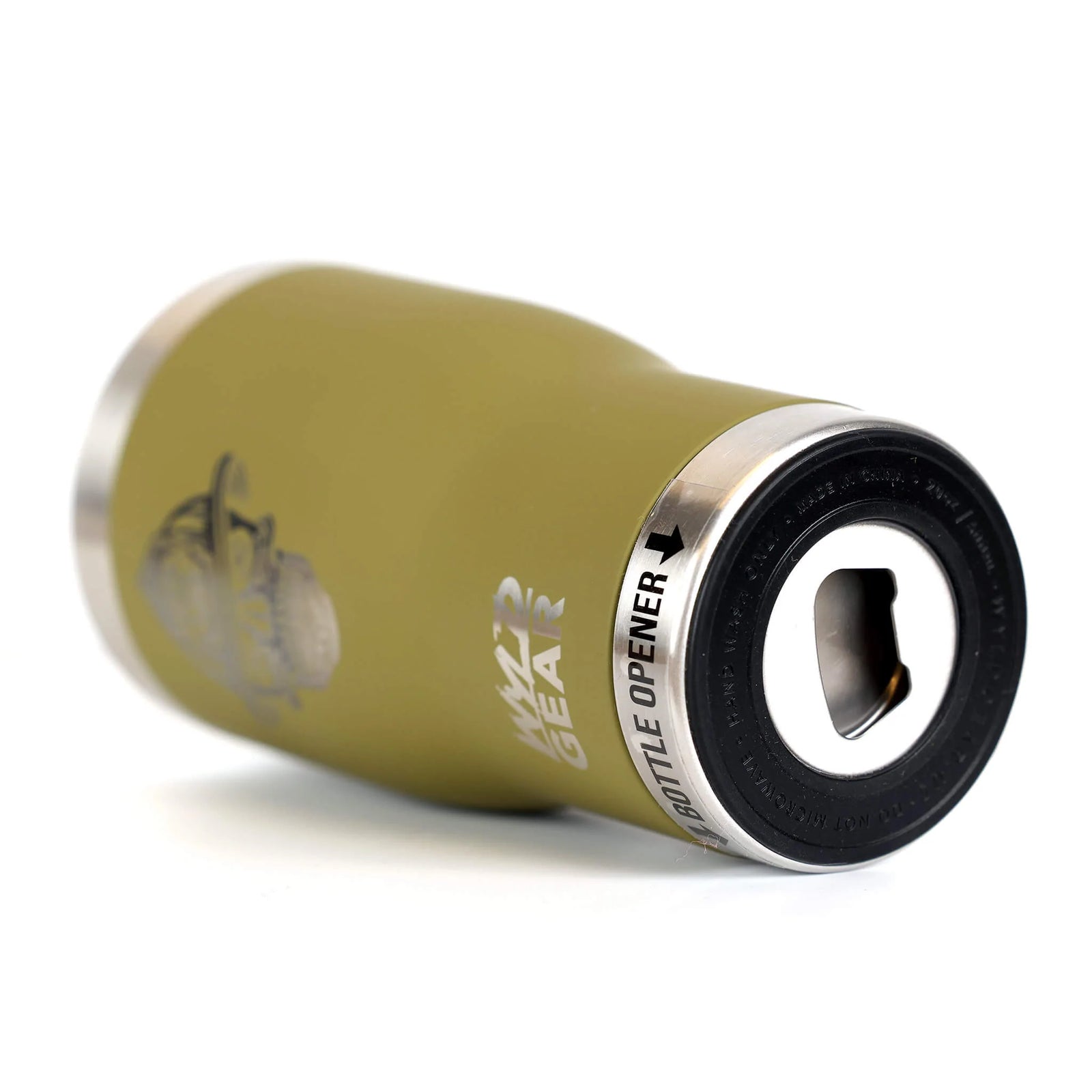 Front view of green tumbler with engraved FDC skull logo