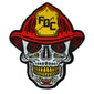 The Dead Before Coffee Logo, a skill wearing a fireman’s helmet, on a patch