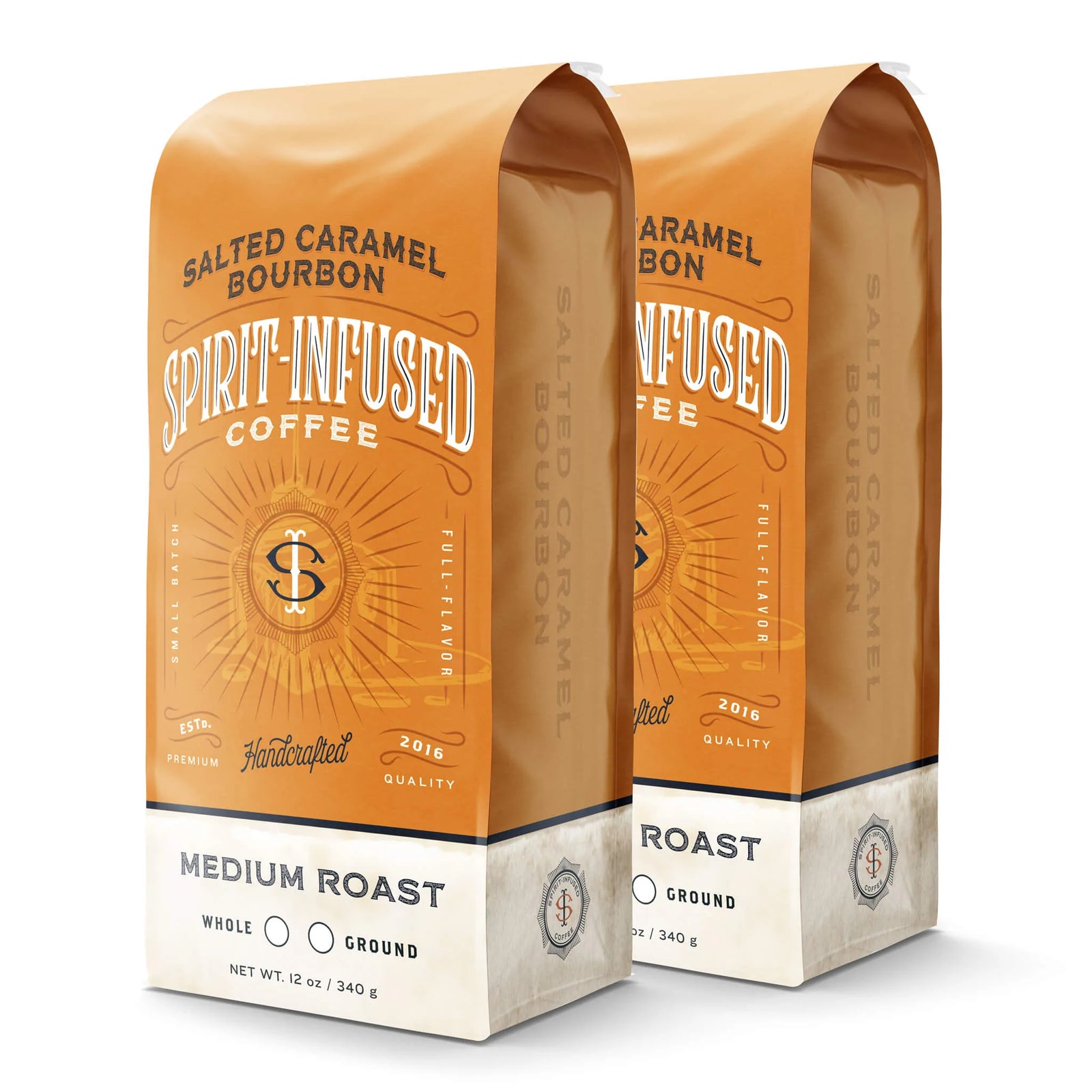 Fire Dept. Coffee's 12 ounce Salted Caramel Bourbon Infused Coffee in a rectangular package.
