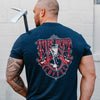 The back view of a man wearing Fire Department Coffee's vintage fire fighter shirt