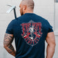 The back view of a man wearing Fire Department Coffee’s vintage fire fighter shirt