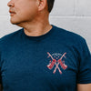 THe front view of a man wearing Fire Department Coffee's vintage fire fighter shirt
